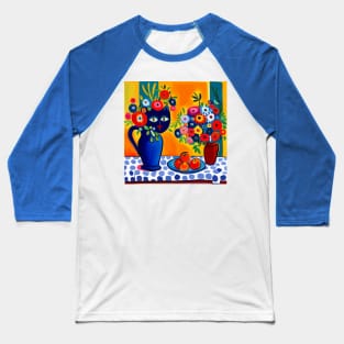 Still Life Painting with Black Cat in Blue Vase Baseball T-Shirt